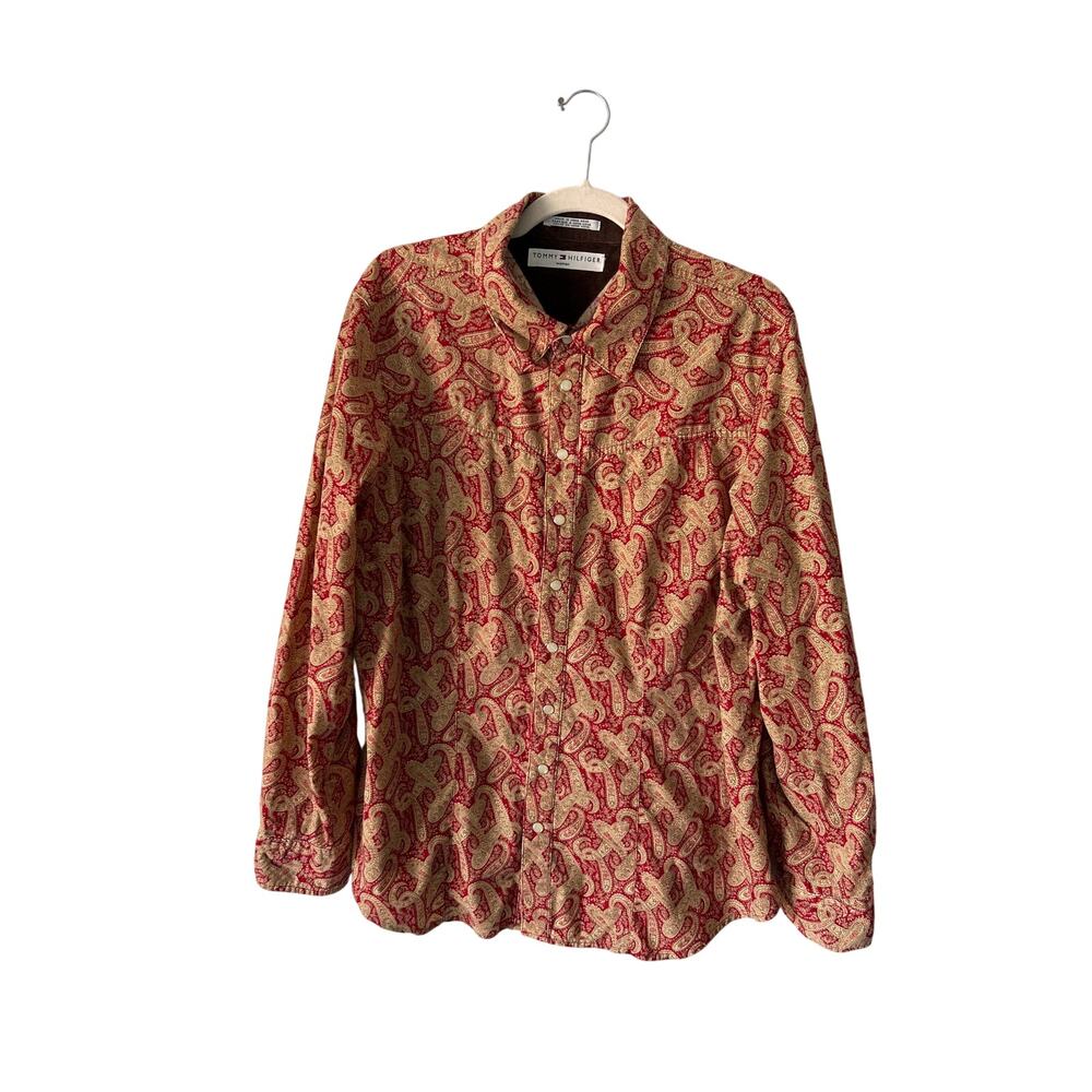 Tommy Hilfiger Red Paisley Corduroy Pearl Snap Long Sleeve Top Extra Large